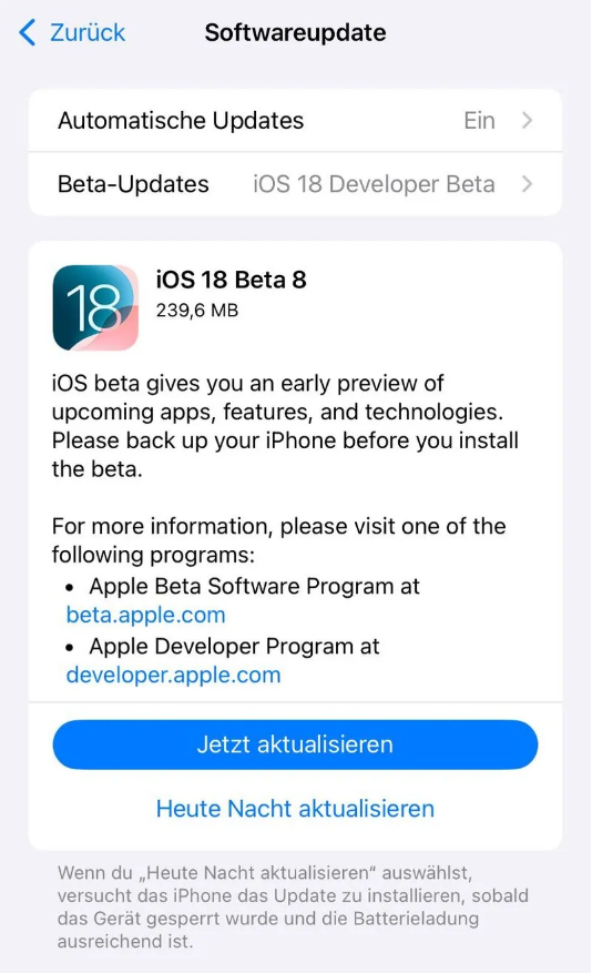 舞阳苹果手机维修分享苹果 iOS / iPadOS 18 开发者预览版 Beta 8 发布 